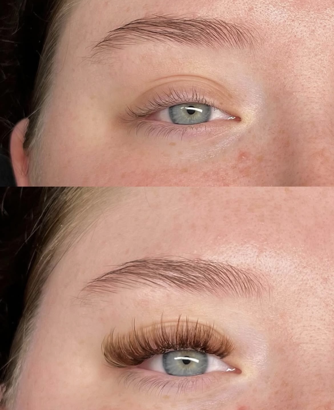 Before and after a Korean lash lift and tint