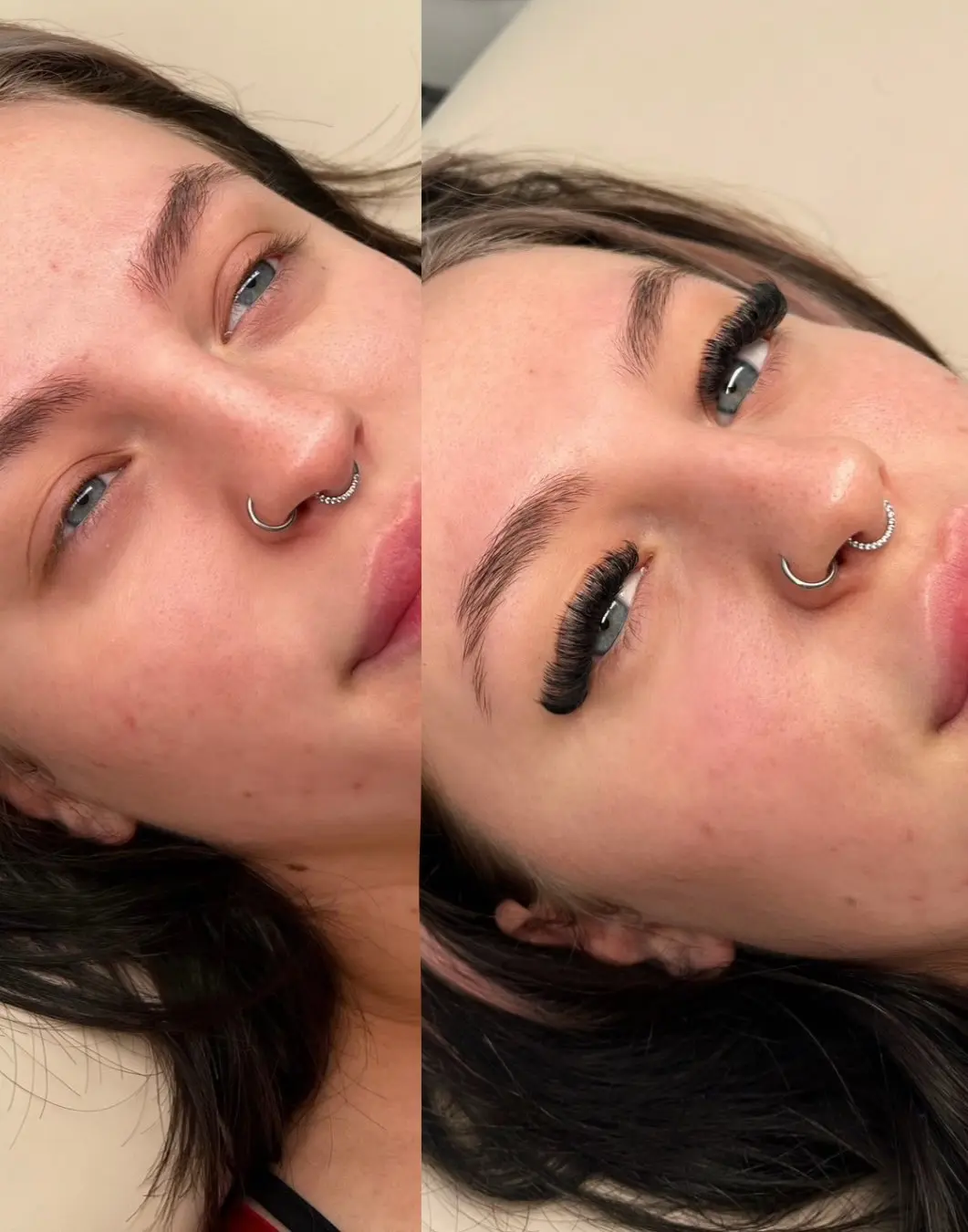 Before and after of a volume lash set