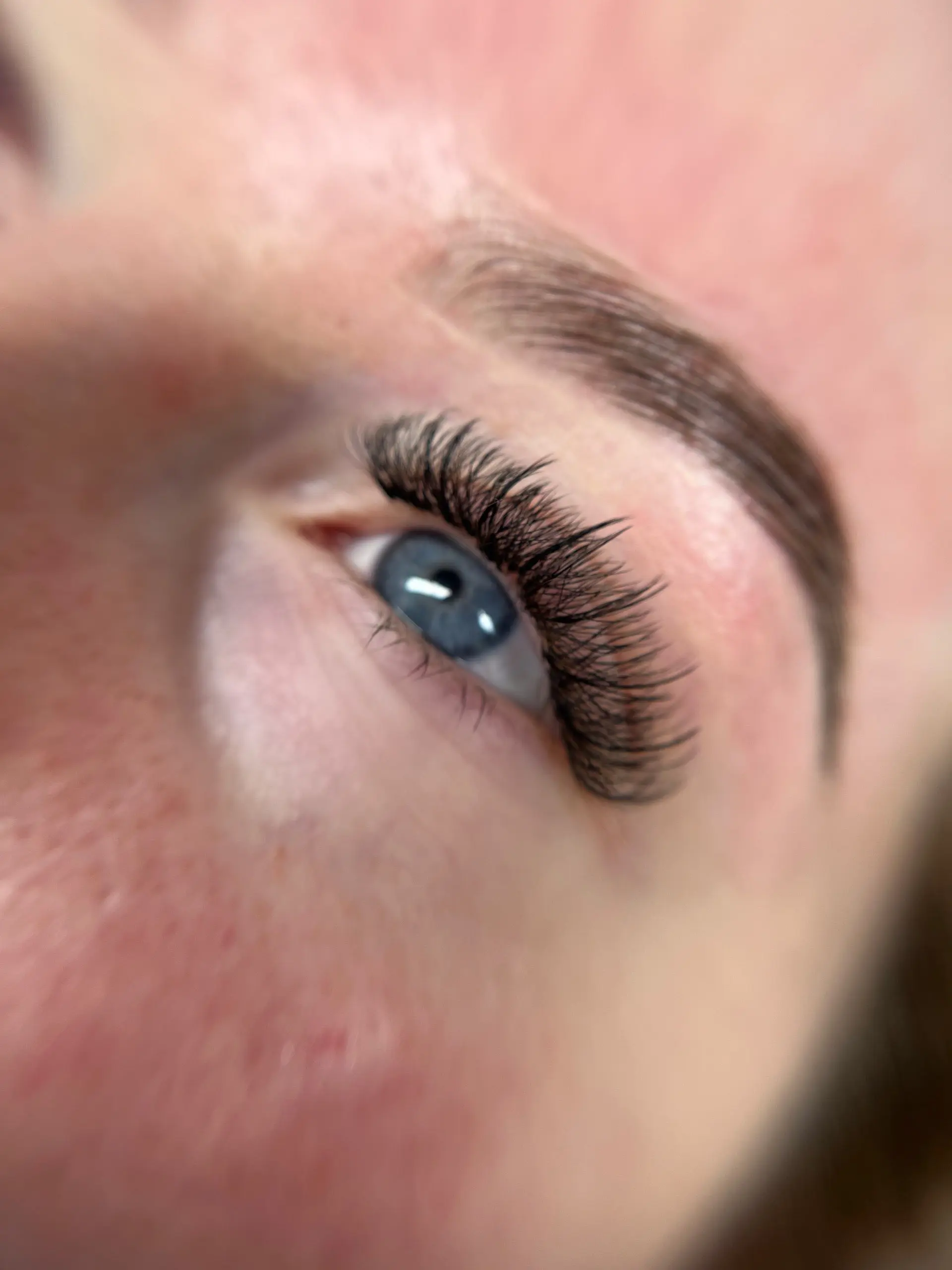 Volume lash set on blue eyes with a groomed brow