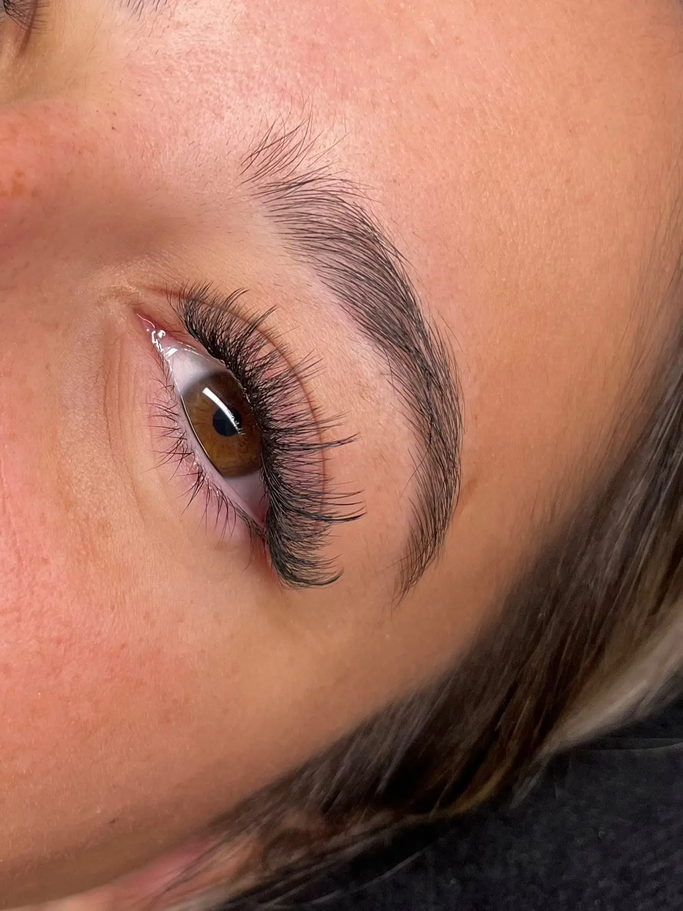 Lash extensions and brow on a brown eye